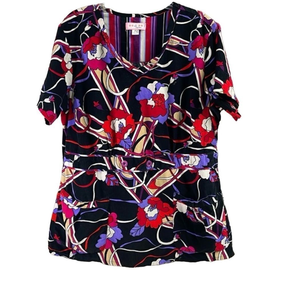 KOI Ladies Scrub Tops Cordoroy Floral
Print Short Sleeve Vneck Top Size Small